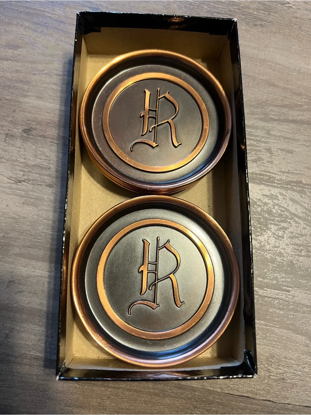 Hyde Park Monogrammed Metal Coasters Set two tone- Copper & Black letter “R”